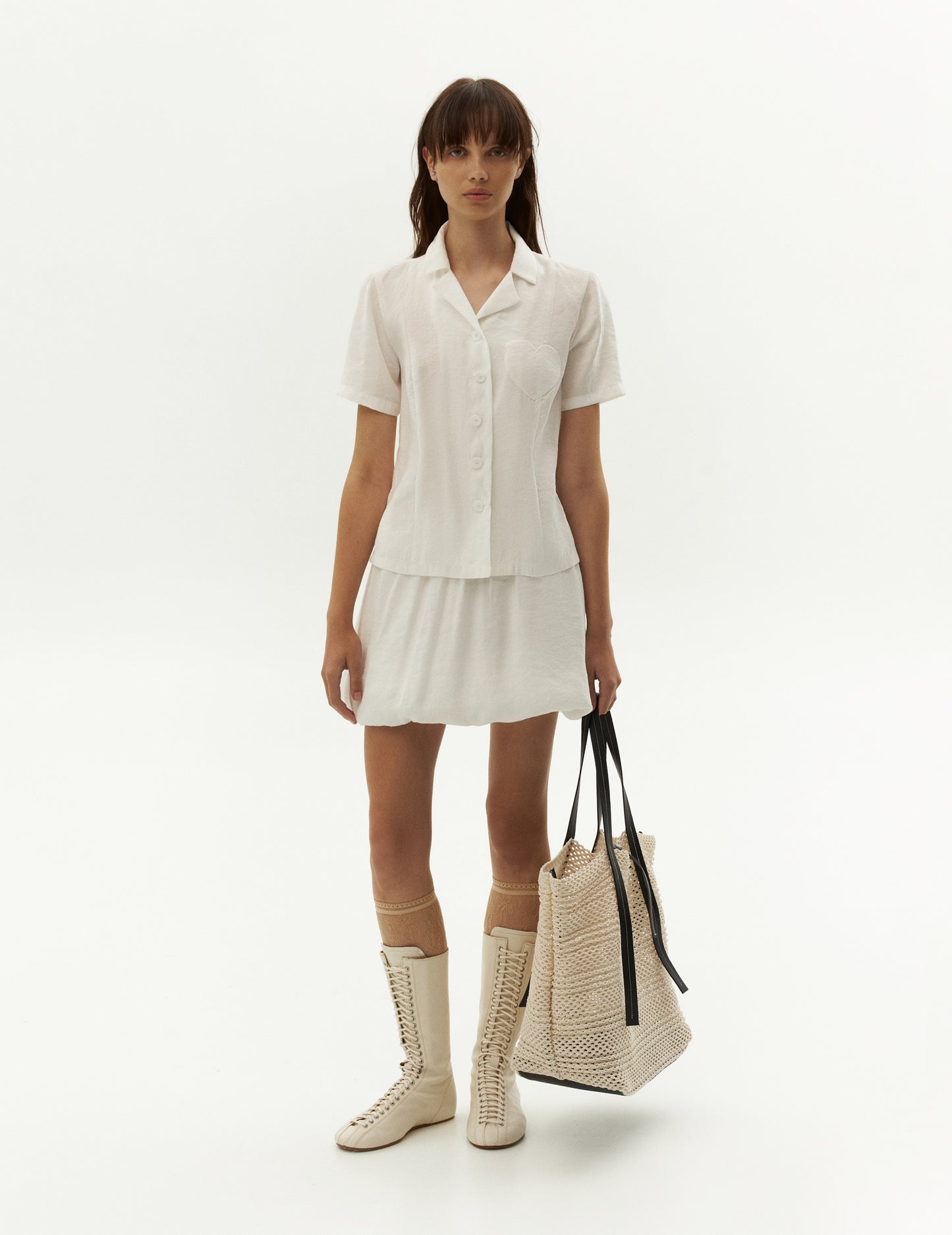 white summer suit shirt and skirt. Shirt with short sleeves and ballon skirt regular waist from clothing brand forma. Shop online and get a discount