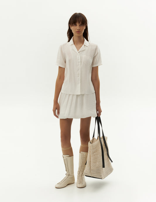 white summer suit shirt and skirt. Shirt with short sleeves and ballon skirt regular waist from clothing brand forma. Shop online and get a discount