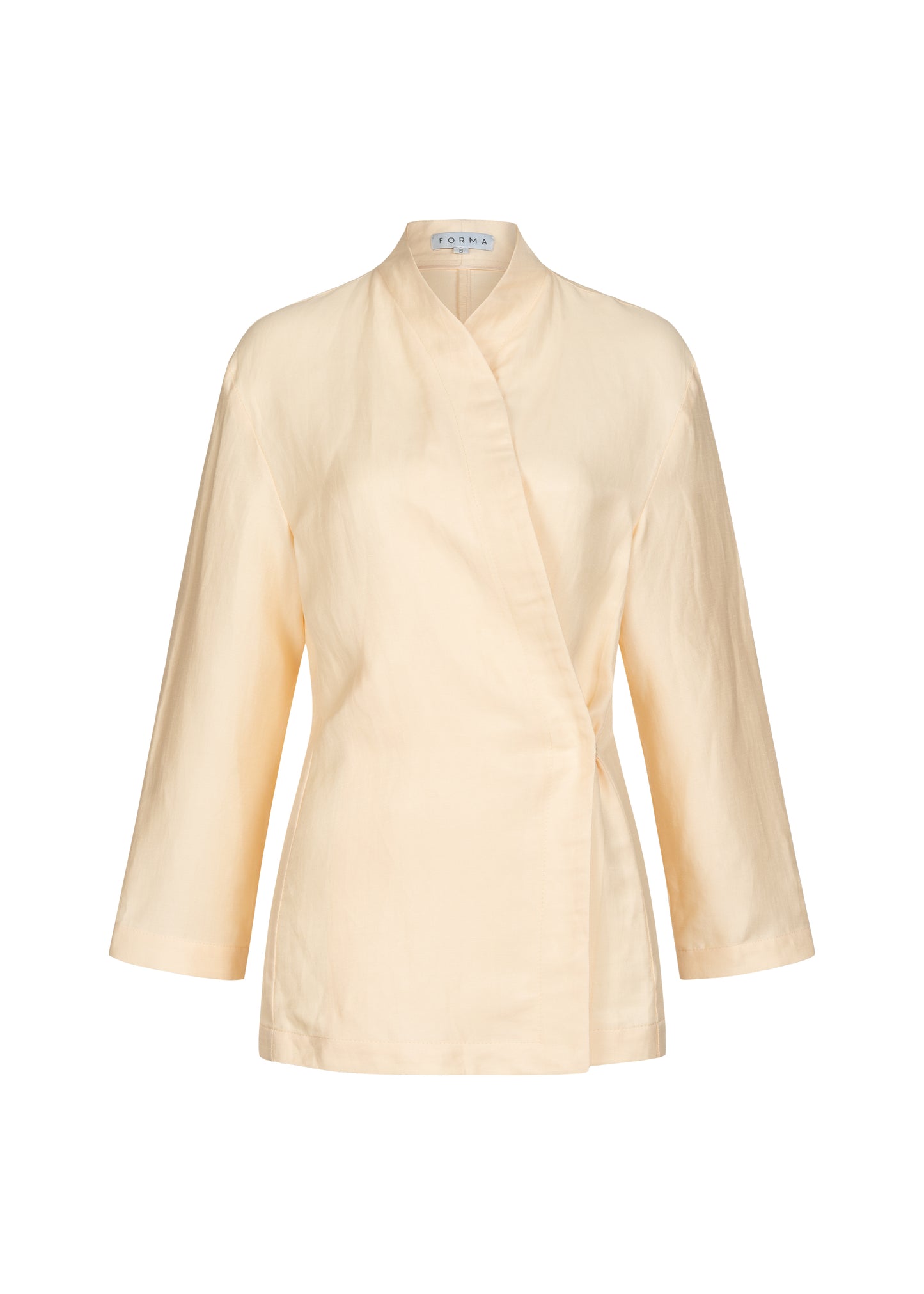 Linen blend suit with trousers and shirt-jacket. Match this shirt with linen pants in the same fabric and crochet bag from FORMA