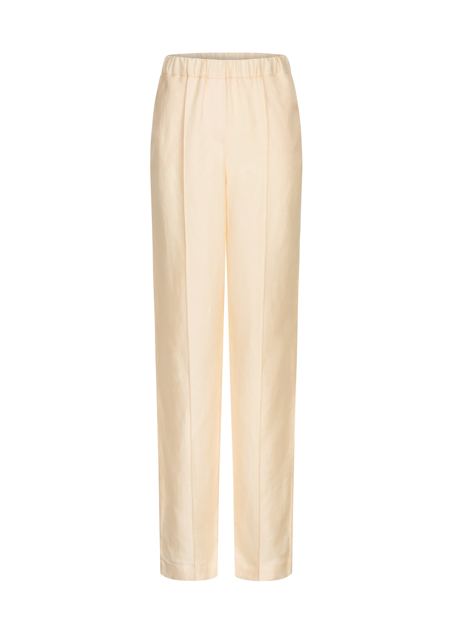 Linen blend creme straight trousers from FORMA featuring a mid-rise elasticated waistband, side pockets and a long length.