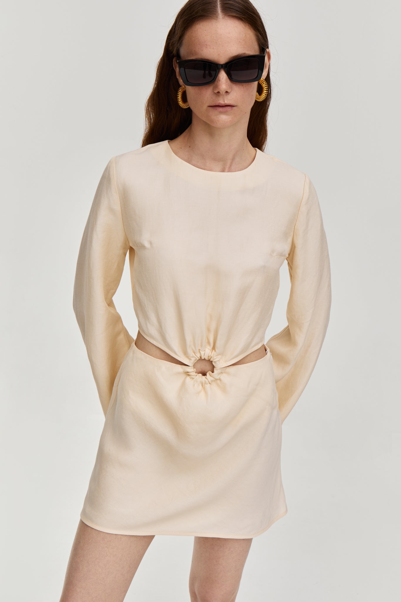 Linen Cut-out mini dress (convertible) in Creme color from FORMA brand