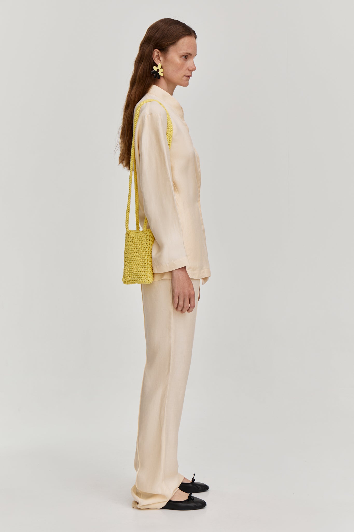 Linen blend suit with trousers and shirt-jacket. Match this shirt with linen pants in the same fabric and crochet bag from FORMA