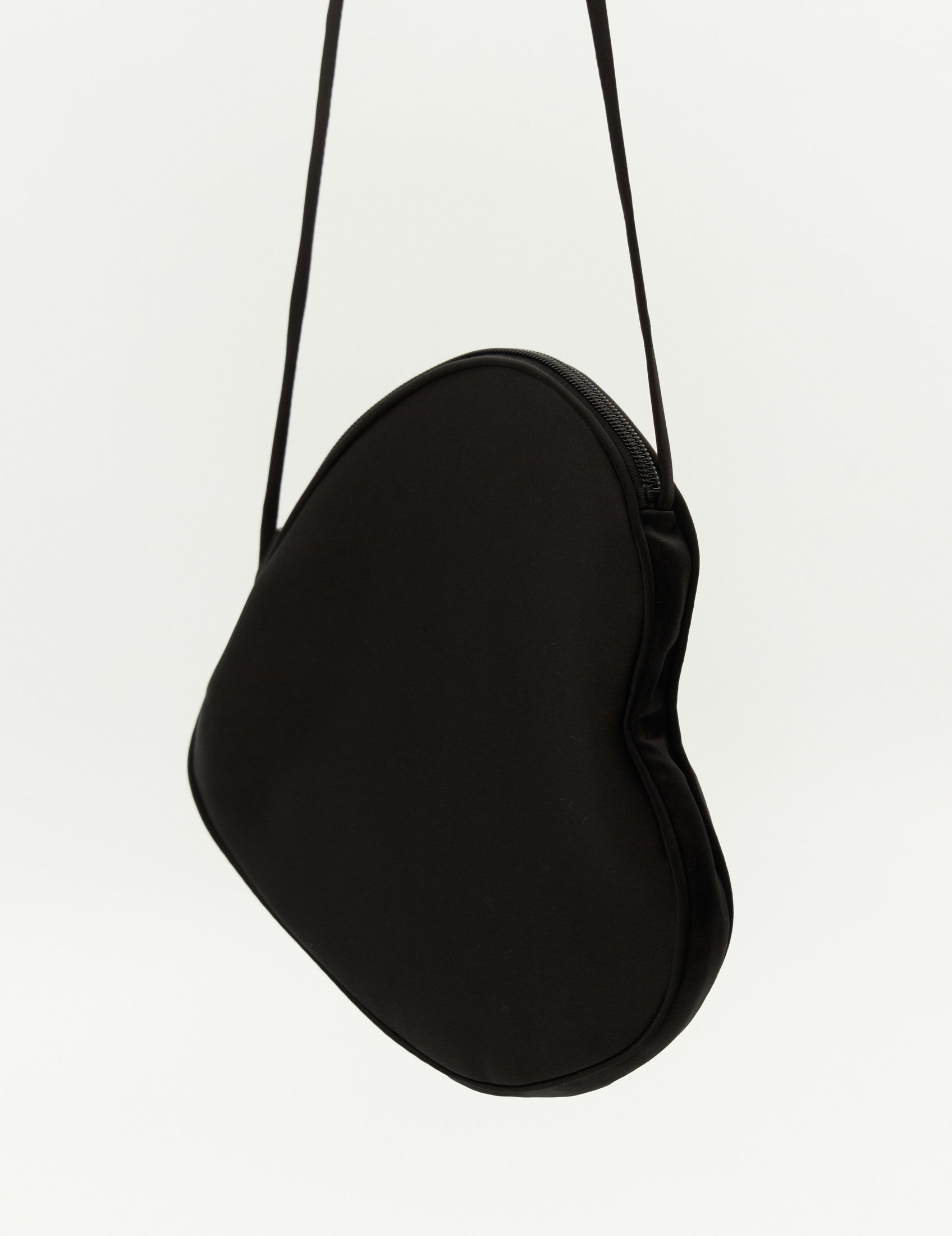 Black satin bag in heart shape. Midi size shoulder bag. Satin bag, FORMA clothing