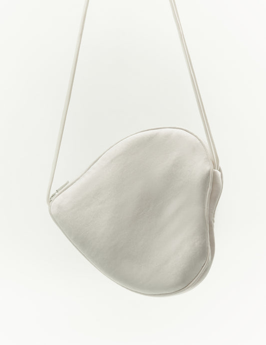 White hearts shape satin bag with two shoulders straps. Shoulder heart bag. FORMA brand shop online