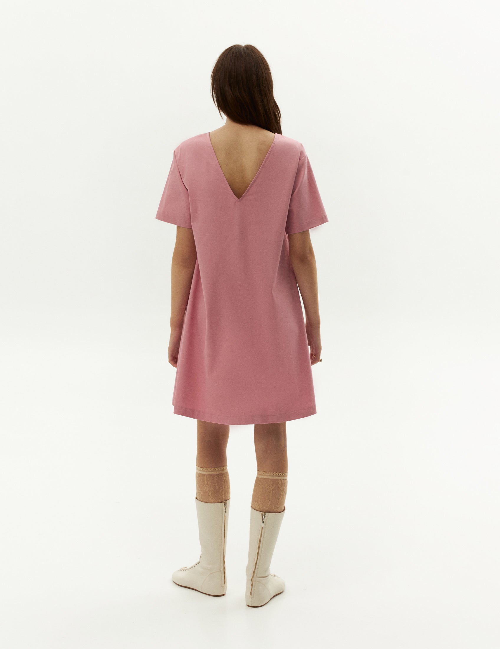 Day dress with open back in pink color. Everyday outfit. FORNA brand shop online