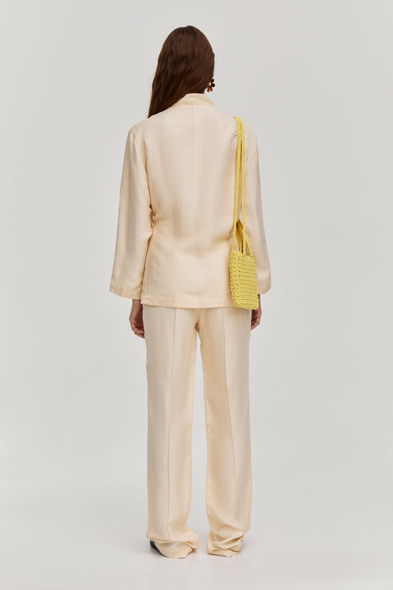 Linen blend suit with trousers and shirt-jacket. Match this shirt with linen pants in the same fabric and crochet bag from FORMA